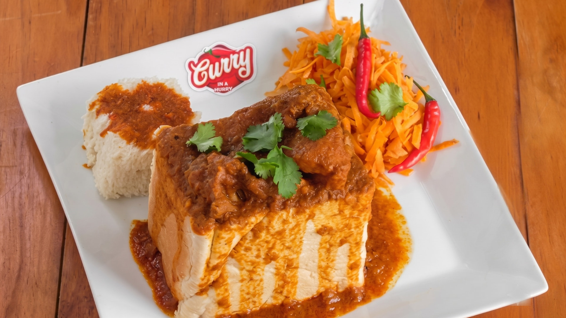 Bunny chow with rice, carrot salad and chillies on a white plate