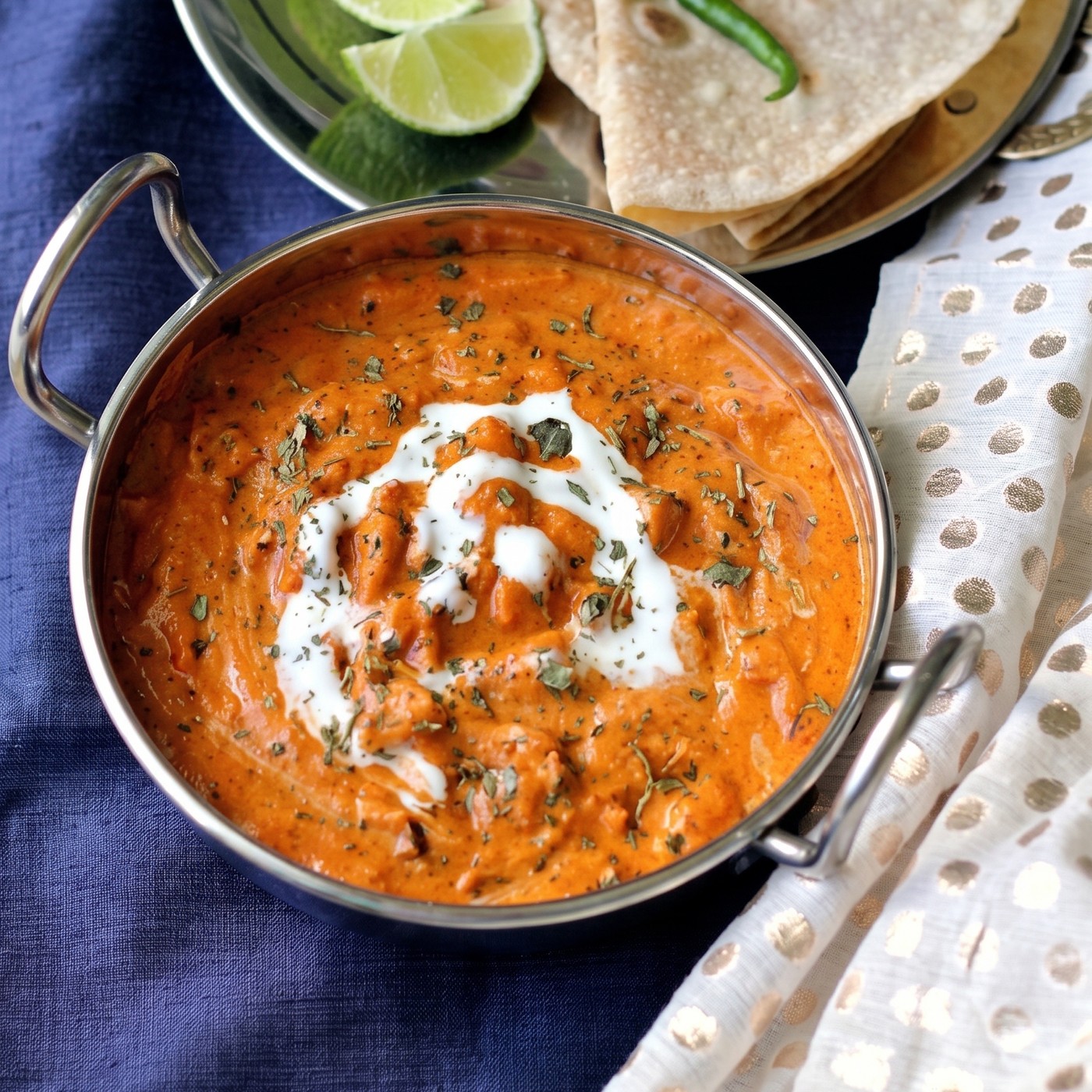 Butter chicken in a karahi with roti and lime